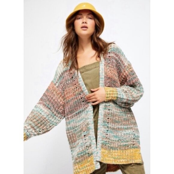 Free People Dreaming Again Cardi Cardigan Mountain Breeze Blue Combo Large - Picture 1 of 17